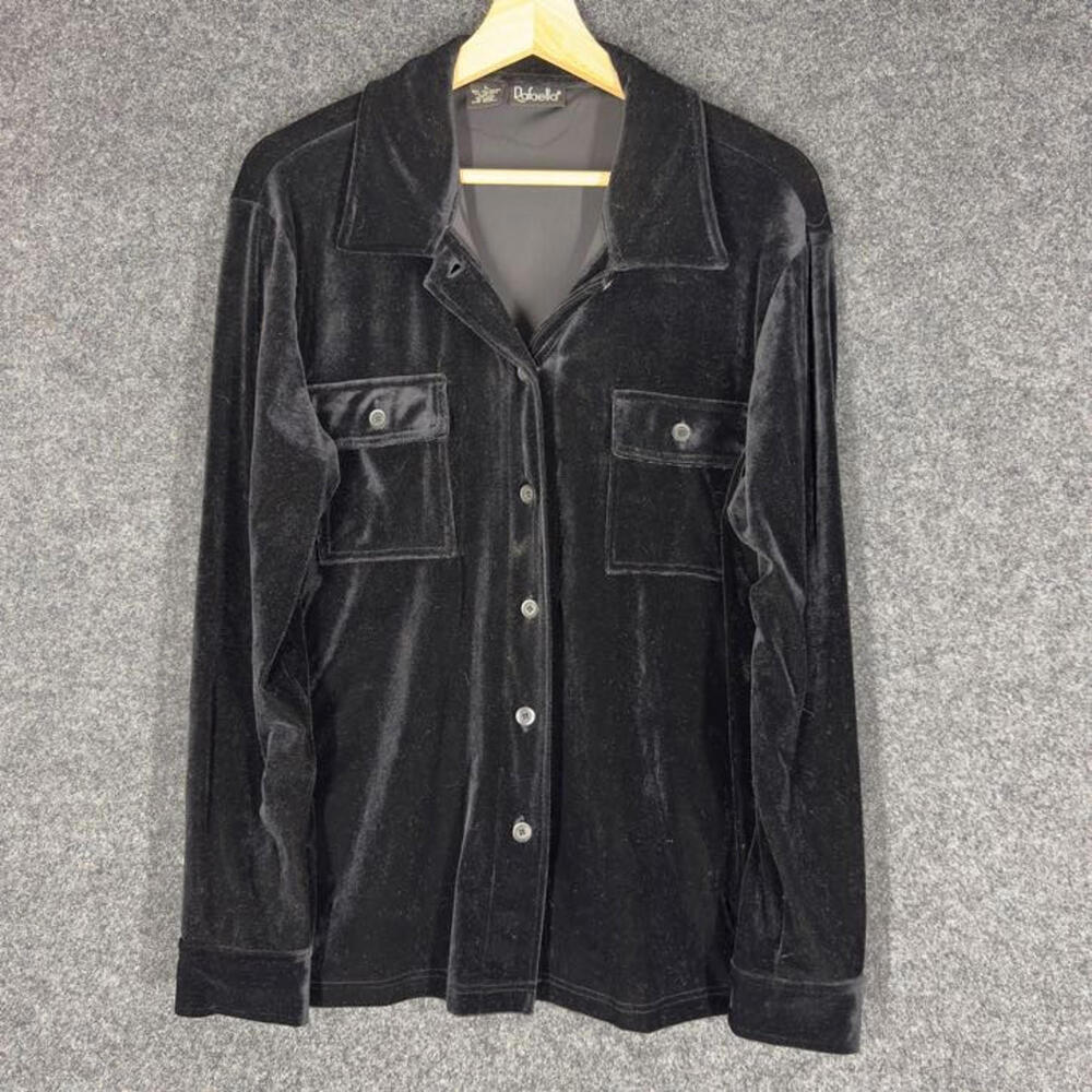 Rafaella Shirt Women L Large Black Button Up Collared Long Sleeve Pockets Velvet